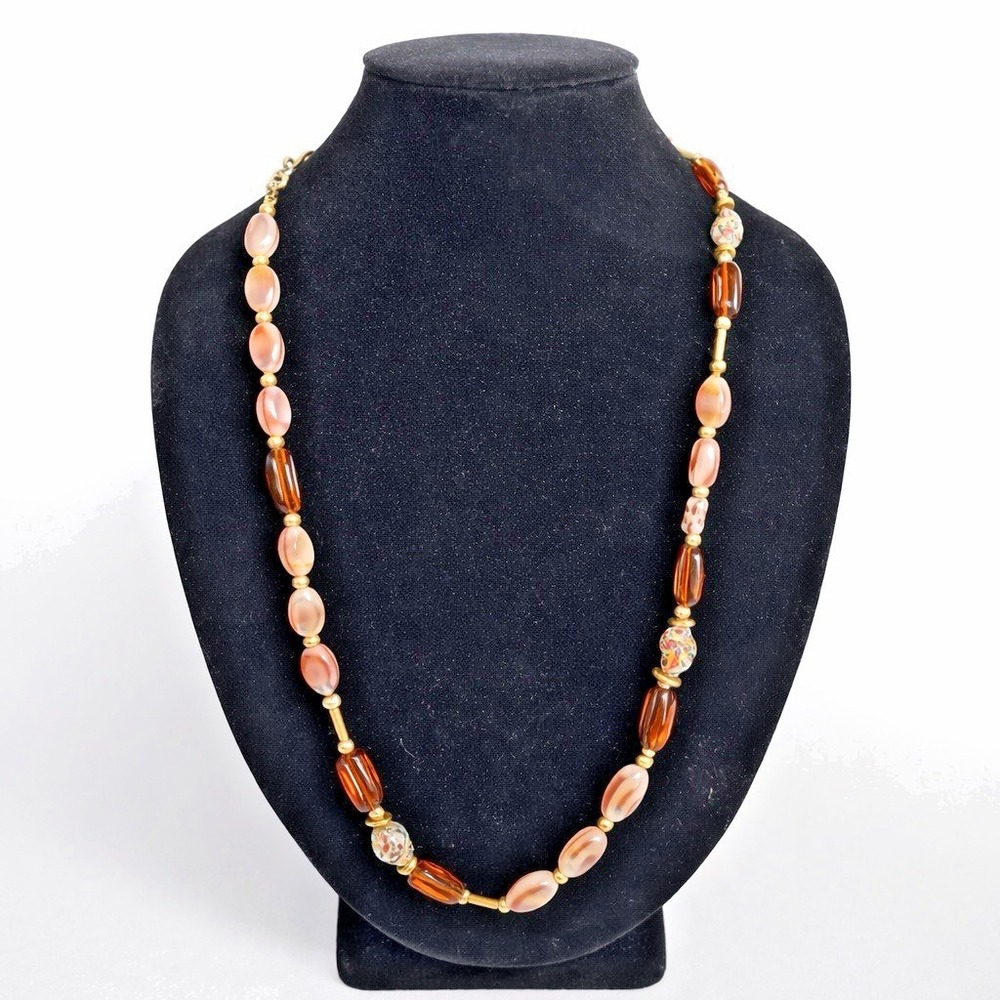 Vintage Art Glass & Shell Bead Necklace 30" Lampwork Gold Tone Boho
